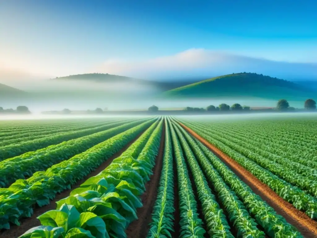 Idílica granja sostenible con cultivos en filas ordenadas bajo cielo azul y colinas lejanas, resaltando los beneficios comida kilómetro cero