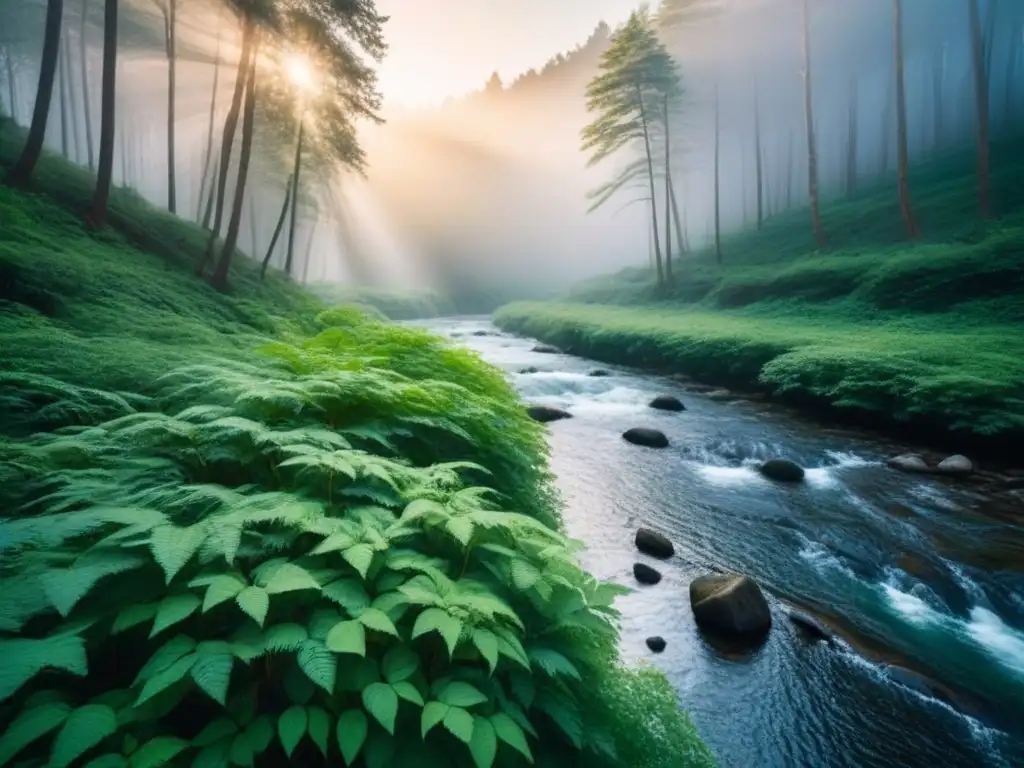 Idílico paisaje de bosque con árboles verdes, arroyo y luz dorada