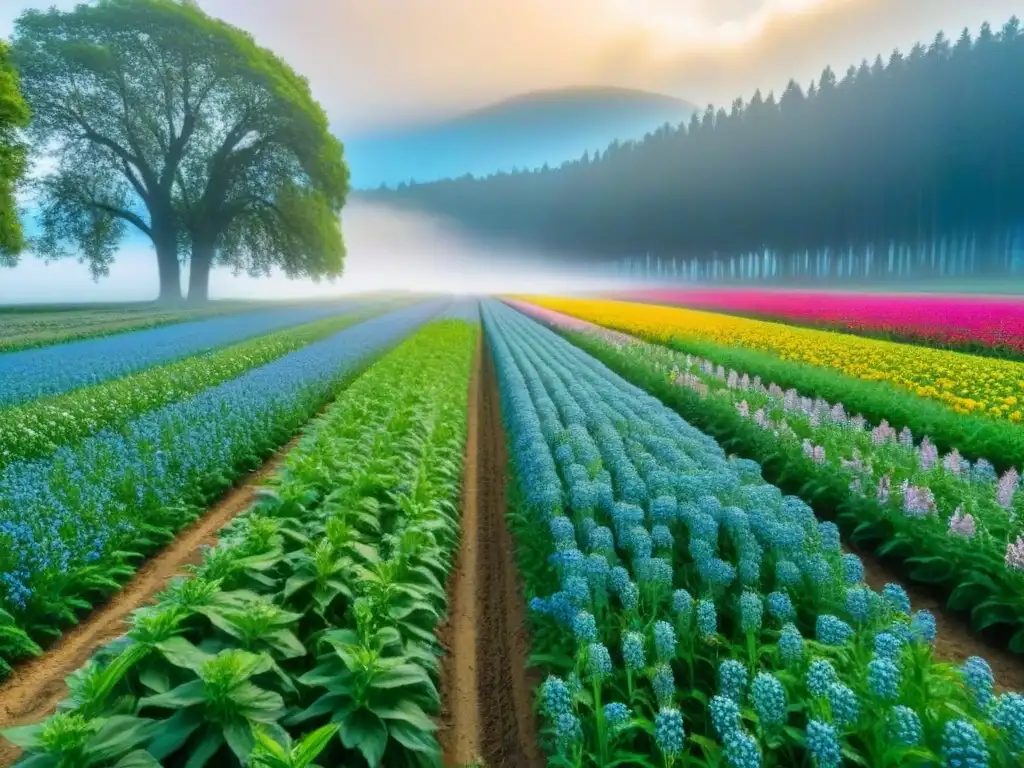 Un idílico paisaje de una granja agroecológica diversa, con cultivos verdes y coloridas flores silvestres, bajo un cielo azul