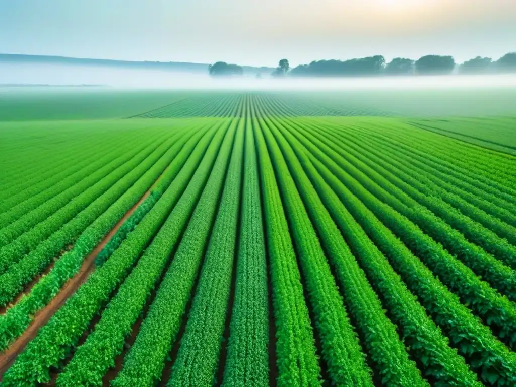 Una ilustración detallada de un campo verde con cultivos variados, ejemplificando la agricultura sostenible con Big Data