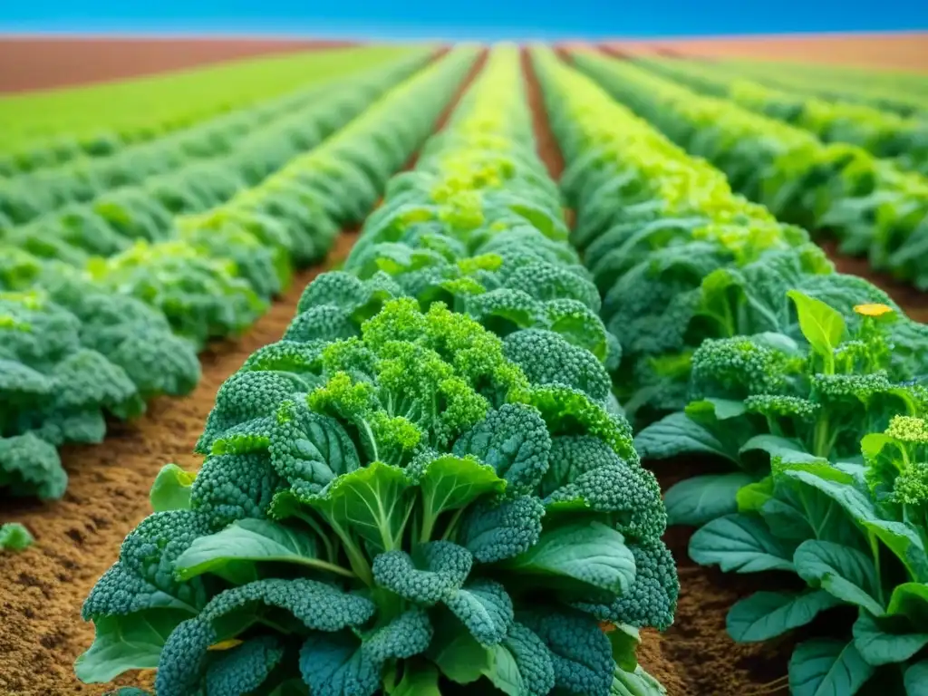 Una ilustración detallada de un campo verde exuberante lleno de superalimentos como kale, quinoa, arándanos y semillas de chía bajo un cielo azul