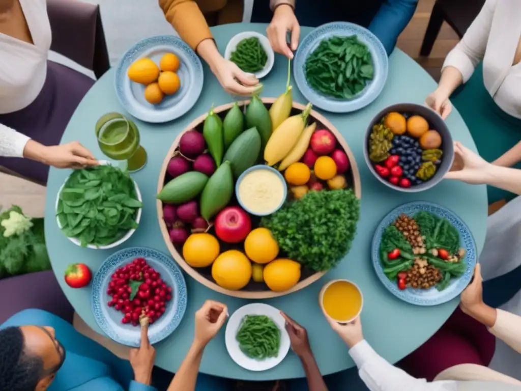 Una ilustración detallada de un grupo diverso en una mesa circular con frutas y verduras frescas, practicando una dieta sostenible, residuos cero