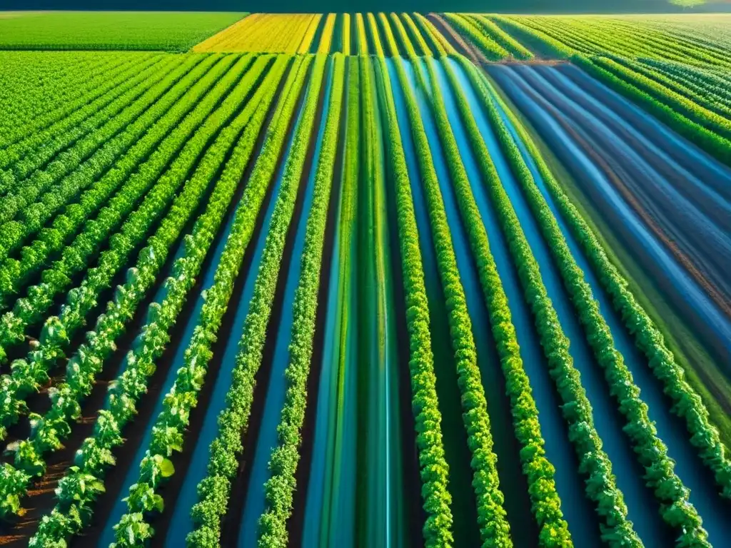 Una ilustración detallada y minimalista de un campo verde vibrante con cultivos sanos creciendo sin pesticidas convencionales