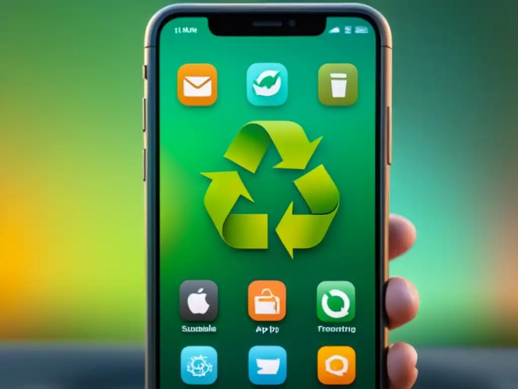 Iconos eco-sostenibles: una pantalla de smartphone minimalista y detallada Una ilustración detallada de una pantalla de smartphone con iconos de apps sostenibles en tonos verdes, reducir huella carbono