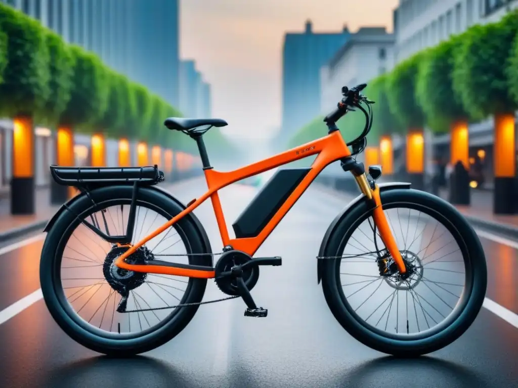 Una ilustración minimalista de una bicicleta eléctrica segura con candado en un paisaje urbano sostenible