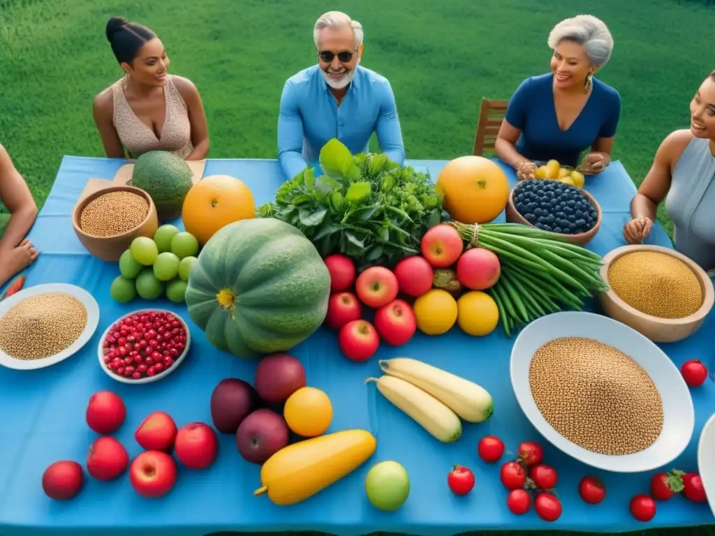 Una ilustración minimalista de personas diversas alrededor de una mesa con alimentos frescos, en armonía con la naturaleza