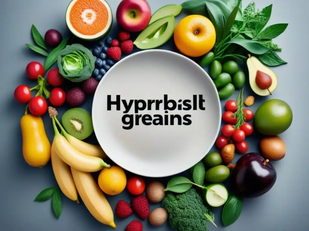 Dieta vegetal variada: frescura y sostenibilidad Una ilustración minimalista de una variedad vibrante de frutas, verduras, granos y legumbres, organizadas en círculo