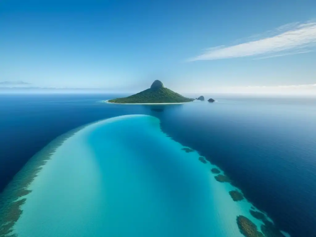 Imagen en alta resolución de un océano sereno con agua azul cristalina y una isla a lo lejos