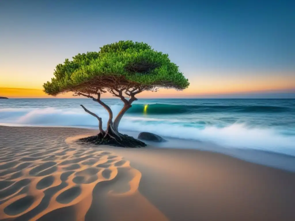 Imagen en alta resolución de paisaje costero sereno al amanecer con árbol solitario, representando consecuencias erosión costera cambio climático