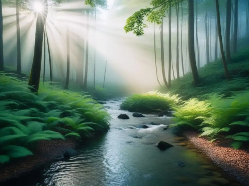 Imagen de un bosque prístino con luz solar filtrándose entre las hojas, reflejando en un arroyo