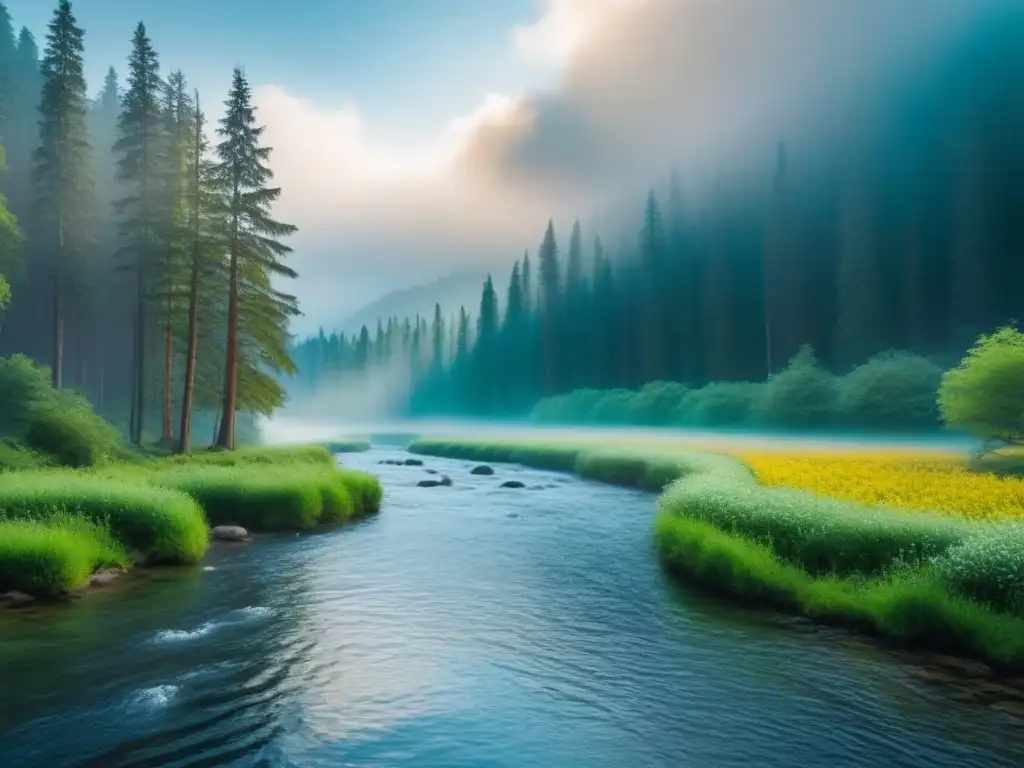 Imagen de un bosque sereno con vida silvestre saludable, arroyo cristalino