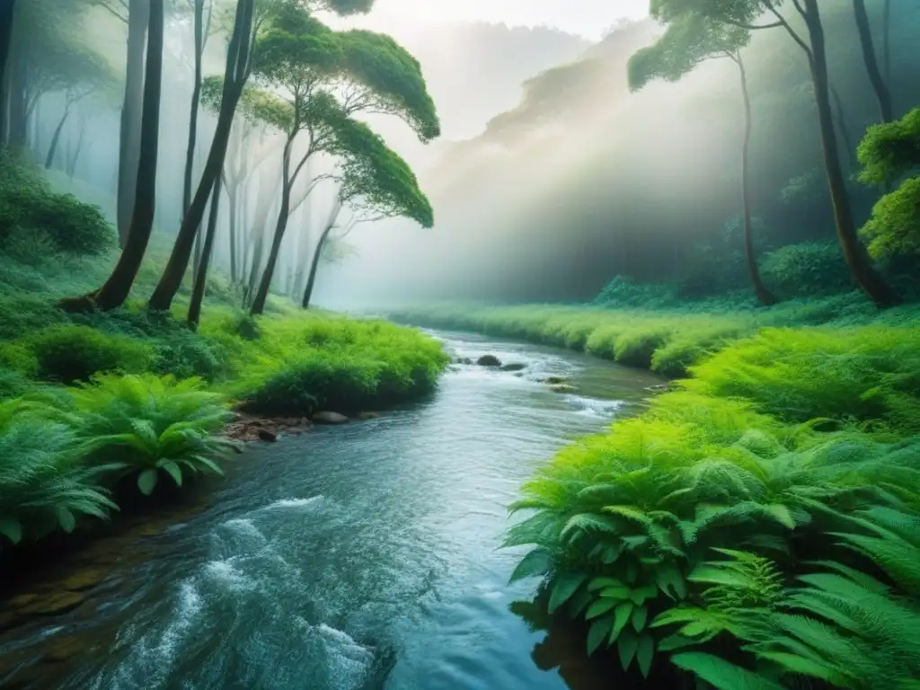 Imagen de un bosque verde exuberante con un arroyo cristalino bajo la luz del sol, transmitiendo la armonía de la economía circular sostenible