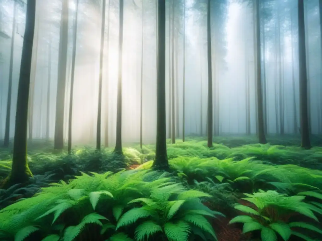 Imagen de un bosque verde vibrante con luz solar filtrándose entre el dosel, reflejando prácticas de economía circular empresa