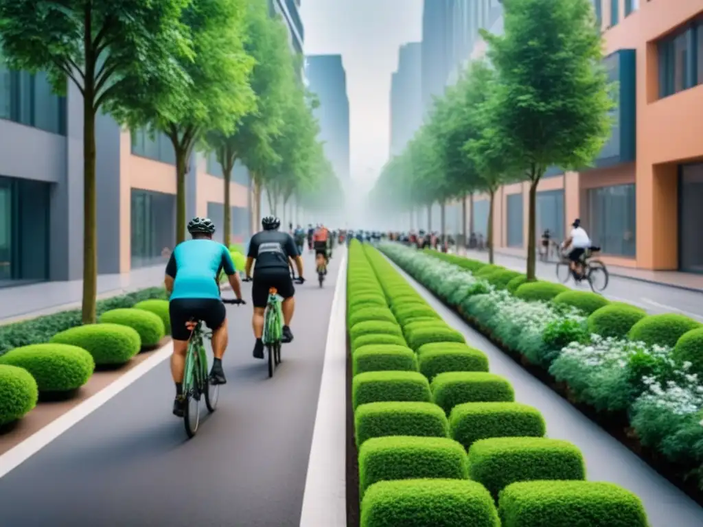 Imagen de una calle de la ciudad bulliciosa con edificios ecológicos, árboles y gente en bicicleta, reflejando políticas urbanas verdes exitosas