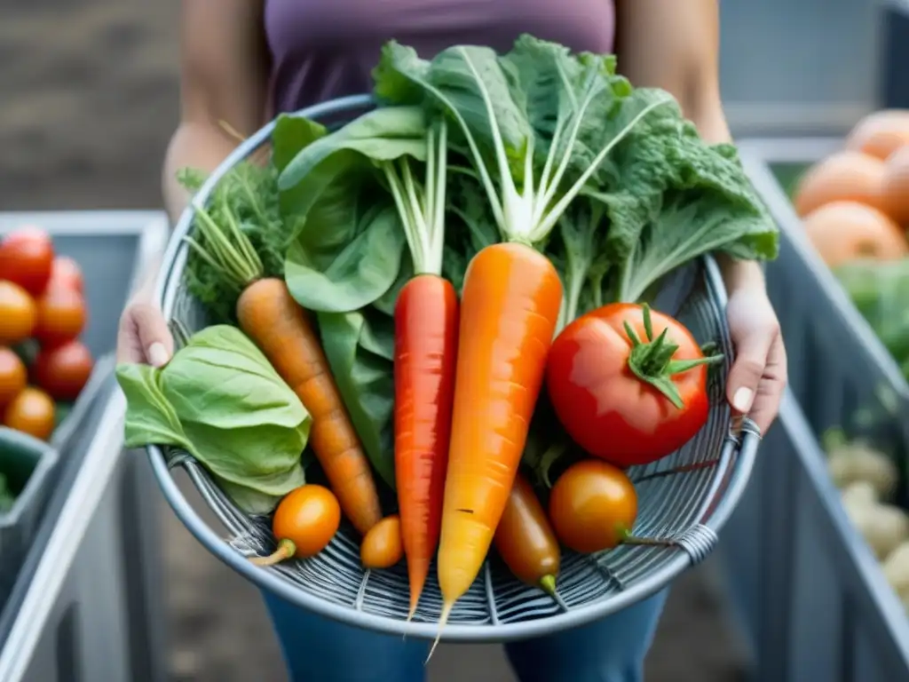 Una imagen detallada de alimentos frescos variados rescatados, como tomates rojos, lechuga verde y zanahorias naranjas, en una cesta moderna