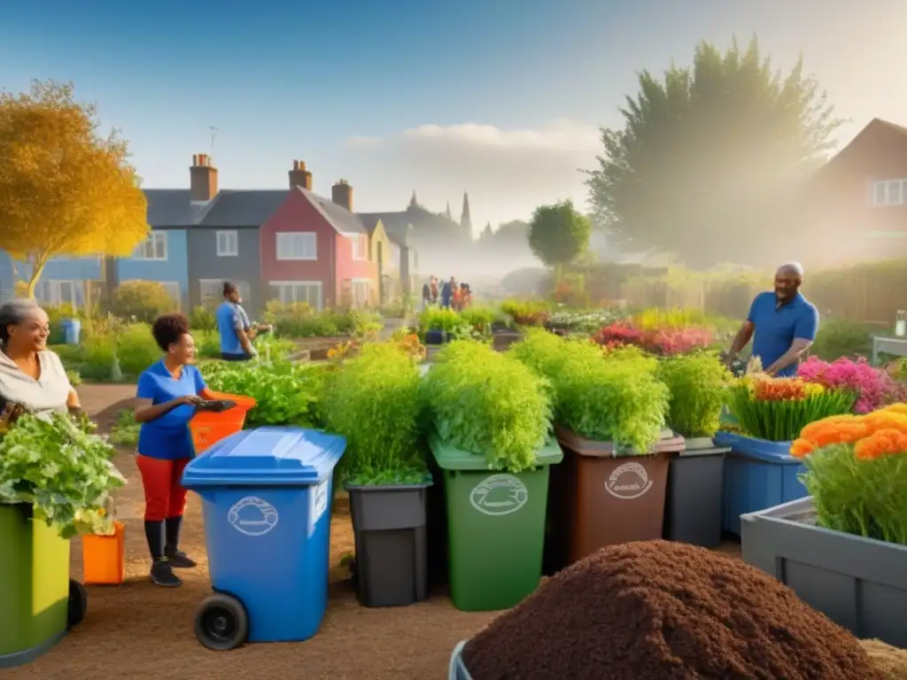 Imagen detallada de una comunidad sostenible reduciendo, reutilizando y reciclando juntos en un jardín comunitario