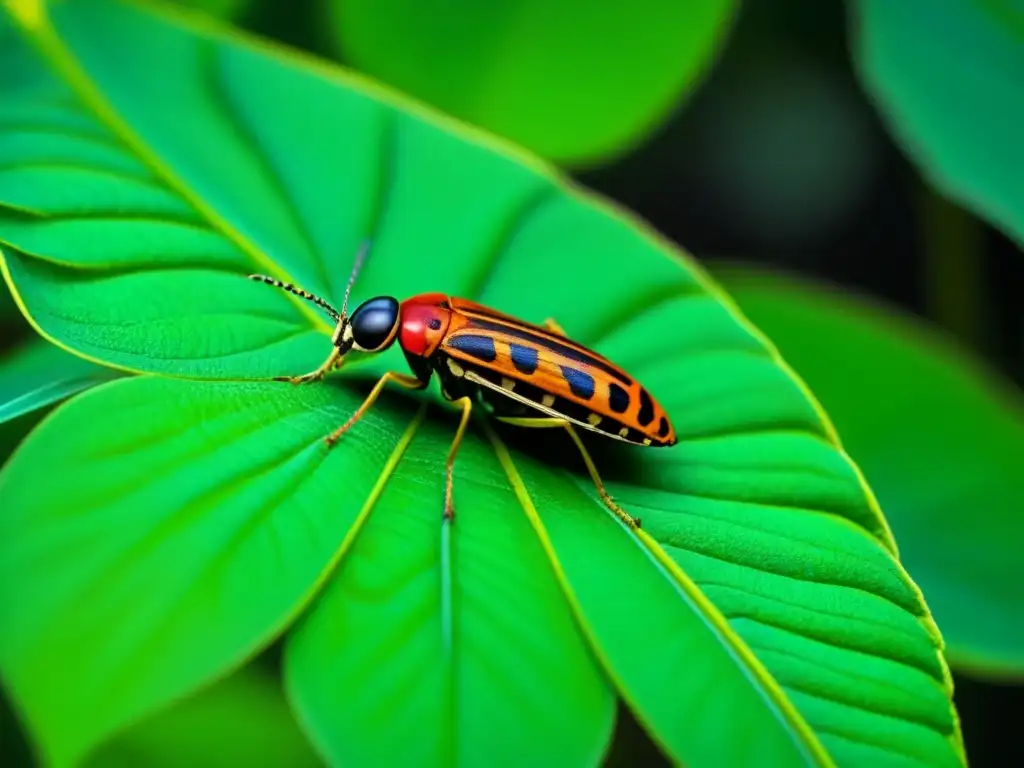 Una imagen detallada de insectos variados en hojas verdes vibrantes de una planta de selva tropical