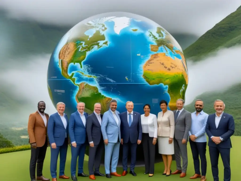 Una imagen detallada en 8k de líderes mundiales unidos frente a un globo terráqueo, representando la lucha contra plásticos de un solo uso