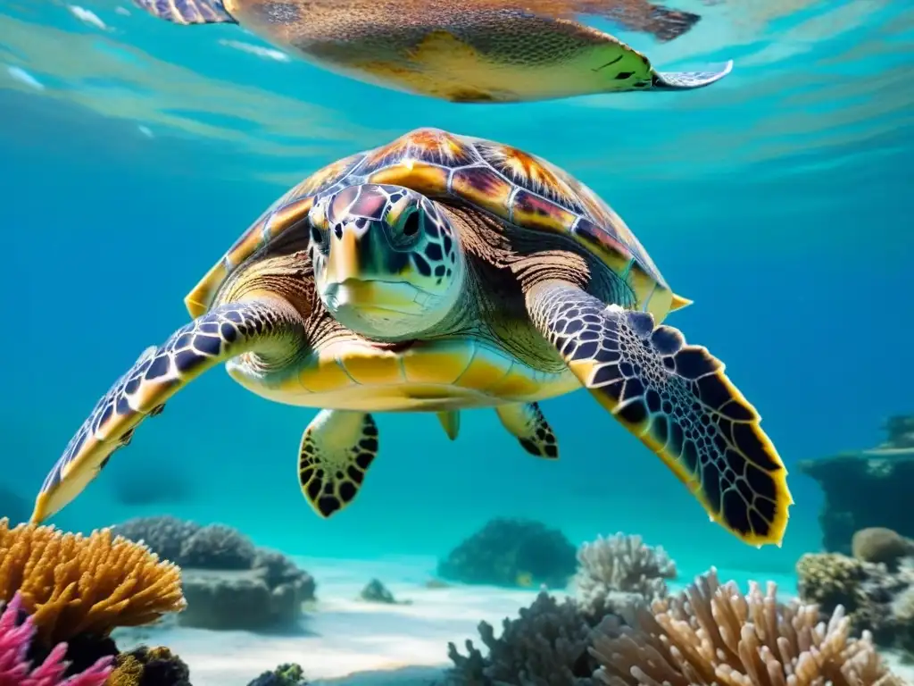 Imagen detallada de una majestuosa tortuga marina nadando entre arrecifes de coral y peces, destacando la reducción de residuos plásticos en océanos
