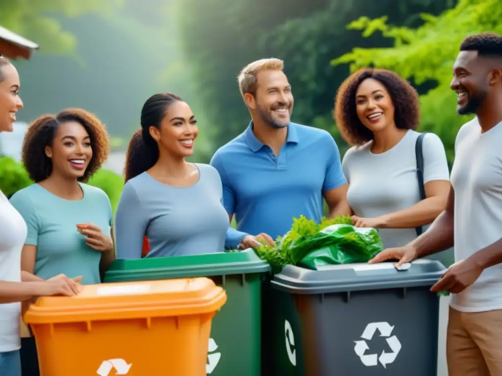 Una imagen detallada en 8k de miembros diversos de la comunidad participando activamente en una iniciativa de reciclaje comunitario