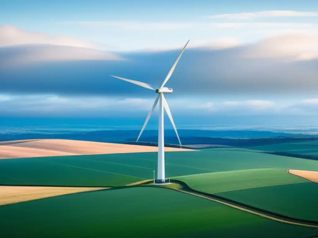 Estampa de moderna turbina eólica en paisaje limpio y verde Una imagen detallada de una moderna turbina eólica blanca en un cielo azul