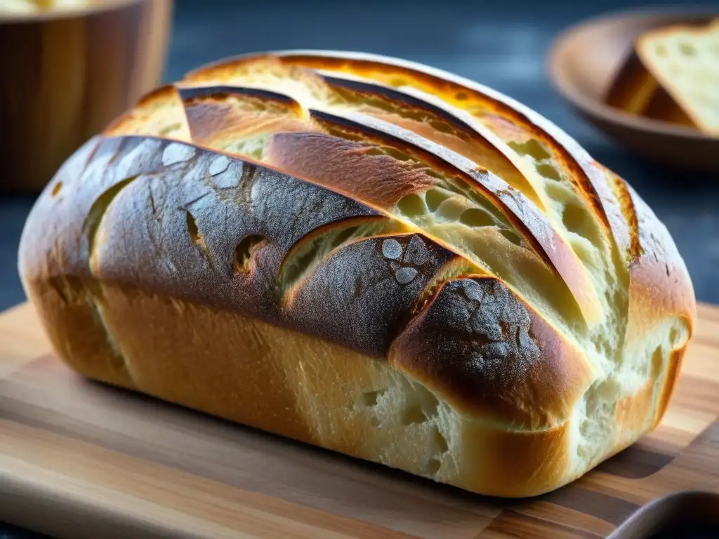 Una imagen detallada de un pan de masa madre recién horneado, con corteza brillante dorada, sobre tabla rústica