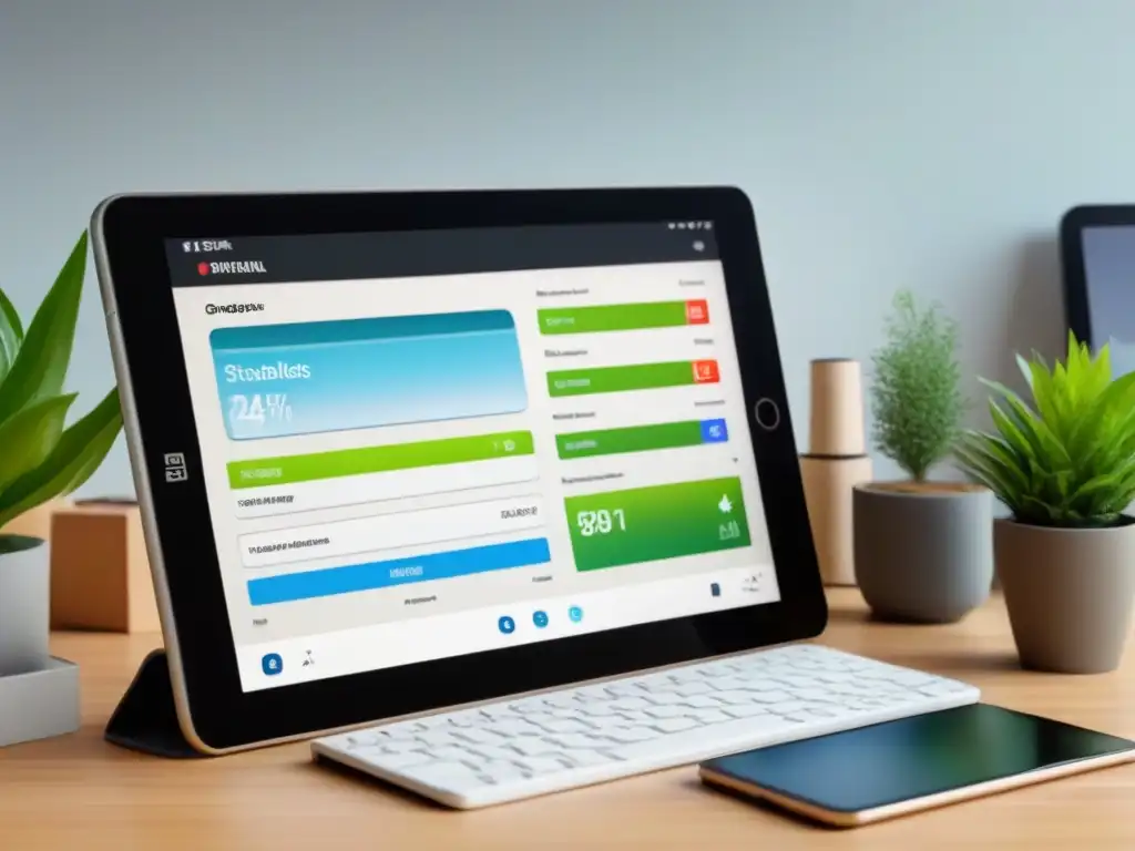 Una imagen detallada de una tableta digital con aplicaciones y herramientas para vida sostenible, en un ambiente ecofriendly