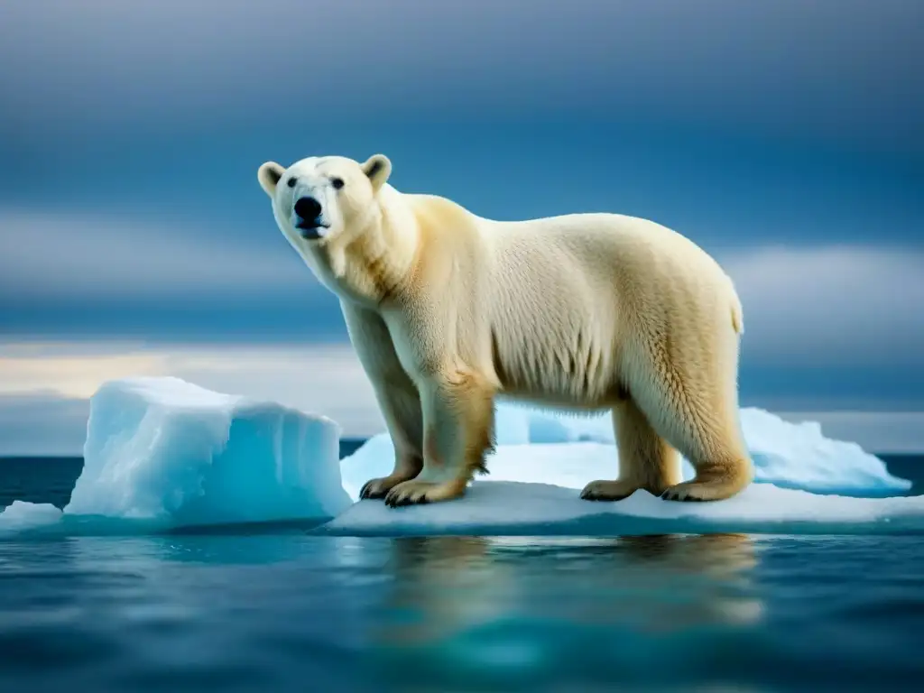 Imagen ecofriendly: oso polar en iceberg derritiéndose, reflejando la realidad del cambio climático en un paisaje ártico desolado