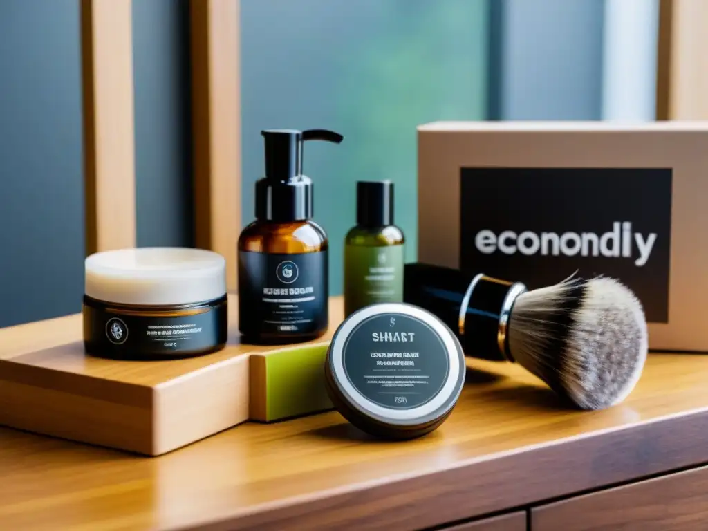 Una imagen elegante de un lujoso kit de afeitado ecológico para hombres en una encimera de madera