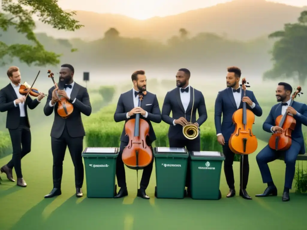 Una imagen elegante de músicos tocando instrumentos clásicos en armonía, rodeados de naturaleza y elementos sostenibles