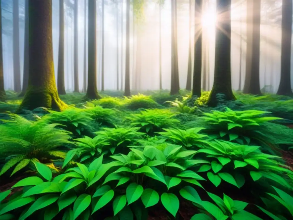 Imagen de un exuberante bosque verde con luz solar filtrándose entre el dosel, destacando hojas vibrantes