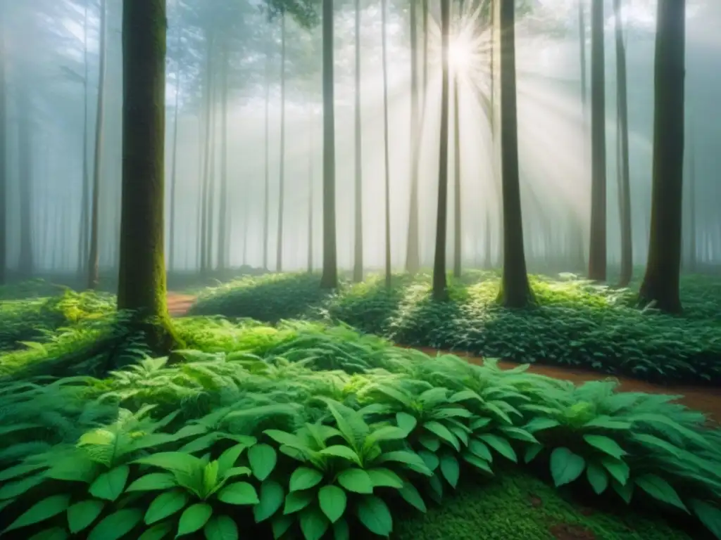 Imagen de un frondoso bosque verde con luz solar filtrándose entre las copas de los árboles, creando sombras en el suelo del bosque