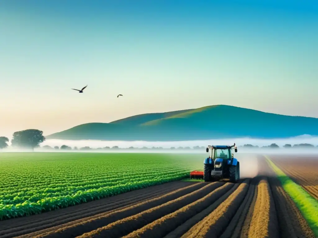 Imagen de una granja verde con tractor solitario y aves, ejemplificando agricultura sostenible con Big Data