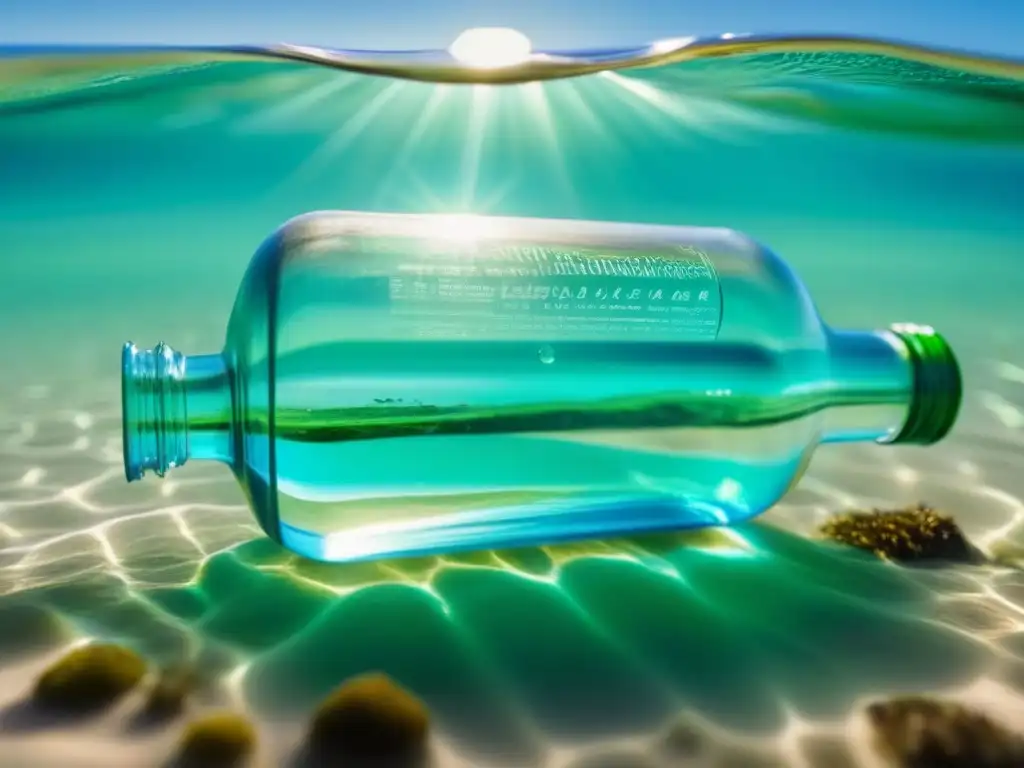 Imagen impactante de una botella plástica en agua cristalina, reflejando la crisis plástica y la urgencia de sensibilización educativa