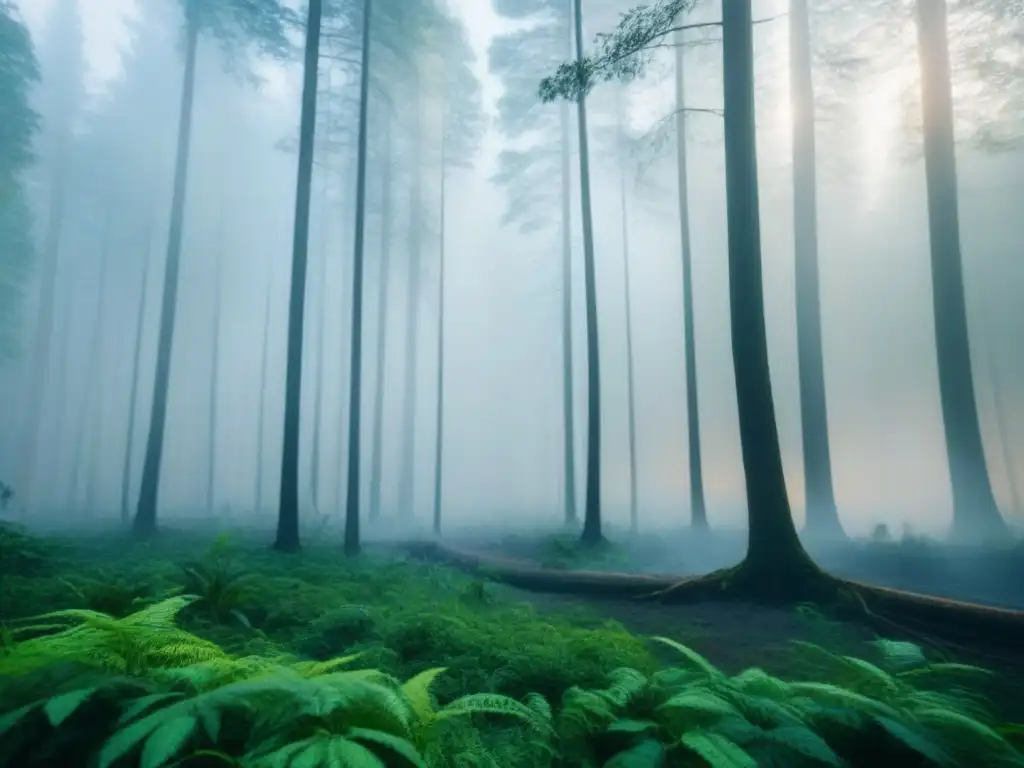 Imagen impactante: bosque verde en calma con leve humo, reflejando efectos incendios forestales calidad aire