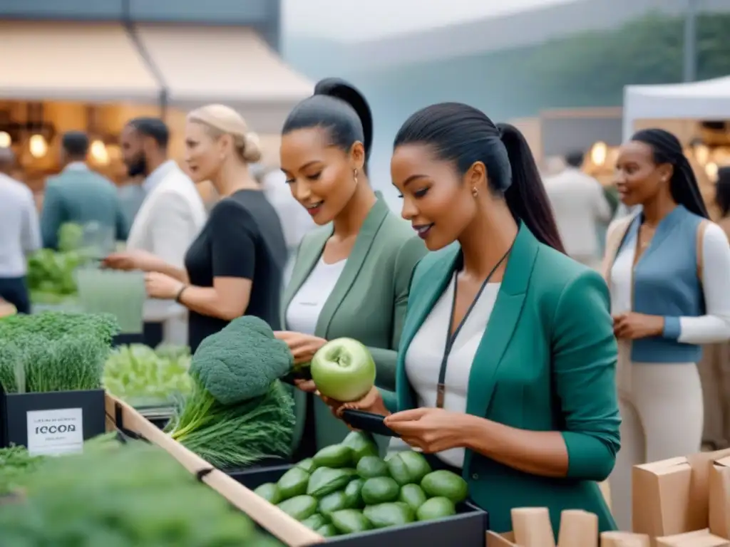 Imagen de mercado sostenible con diversidad de consumidores y profesionales, promoviendo la responsabilidad social empresarial en cambio climático