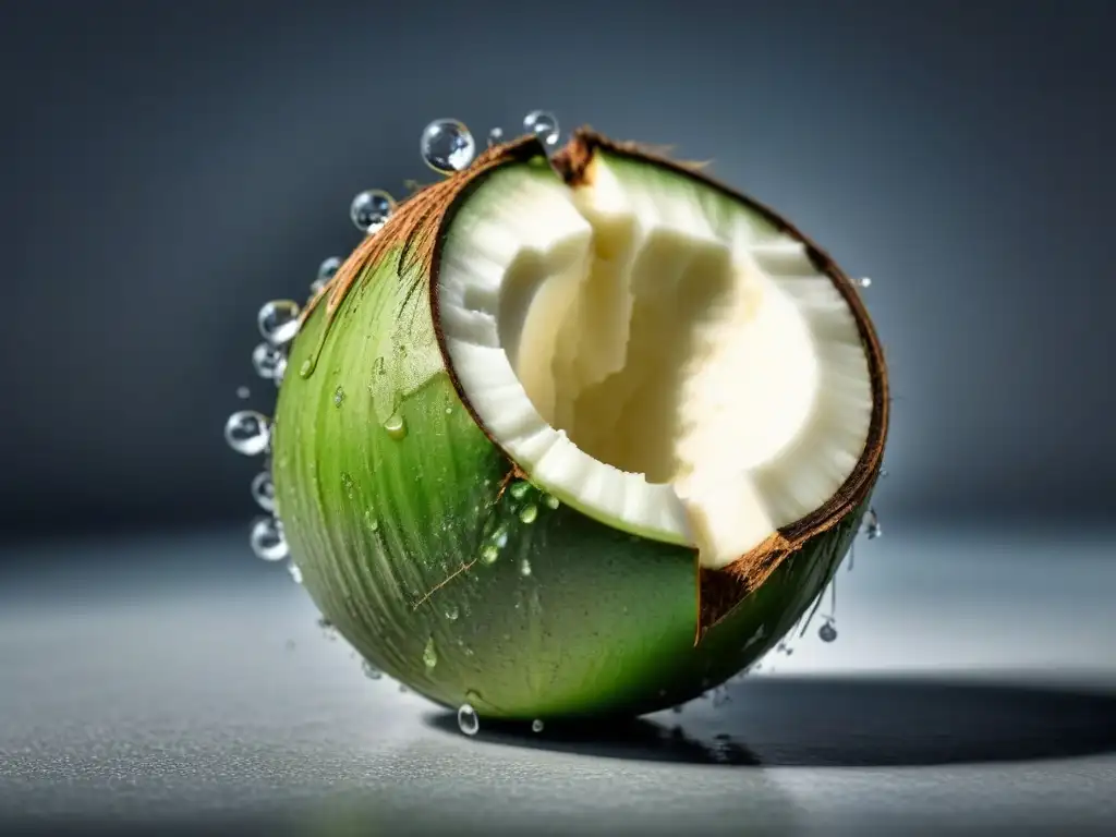 Imagen minimalista de un coco verde con gotas de agua, representando frescura y sostenibilidad