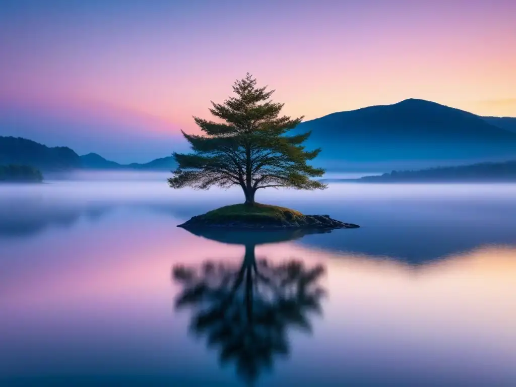 Una imagen minimalista de un paisaje sereno al amanecer con un lago cristalino reflejando los tonos rosados y dorados del sol naciente