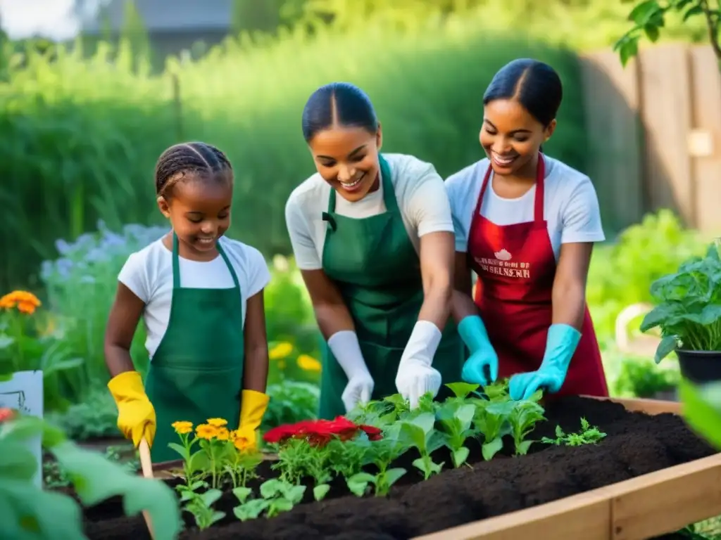 Una imagen de niños plantando flores en un jardín comunitario, mostrando prácticas sostenibles y educación ambiental en familia