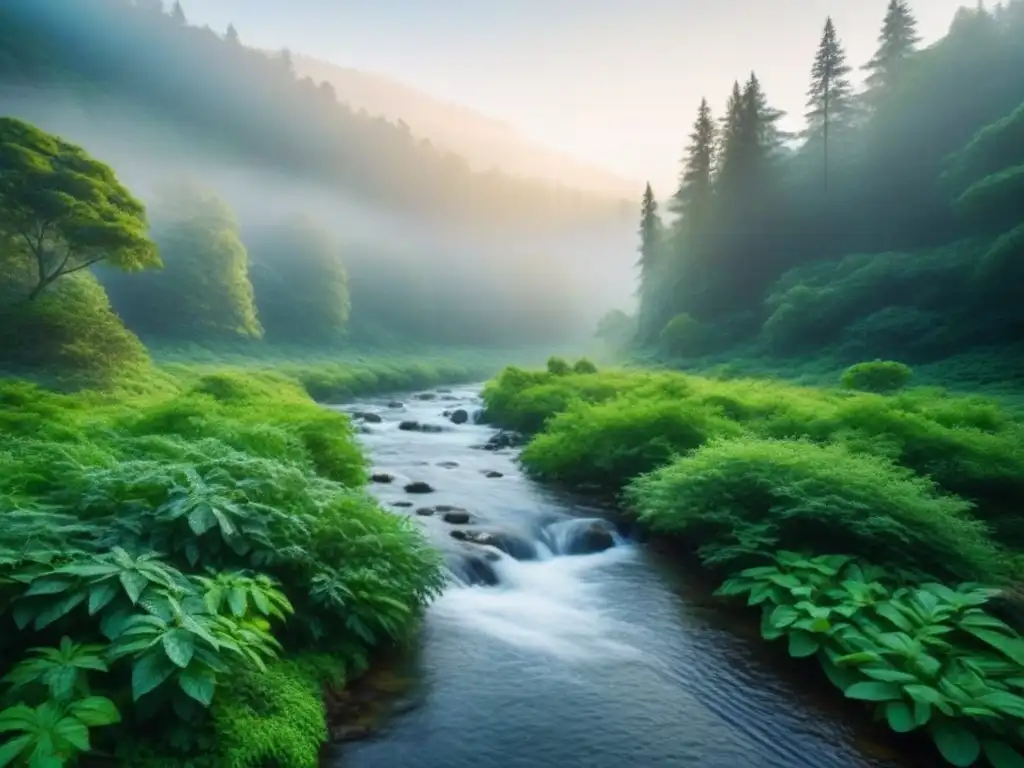 Imagen serena de un bosque con árboles verdes y un arroyo, ideal para inspirar a artistas ecoconscientes en técnicas de pintura ecológicas