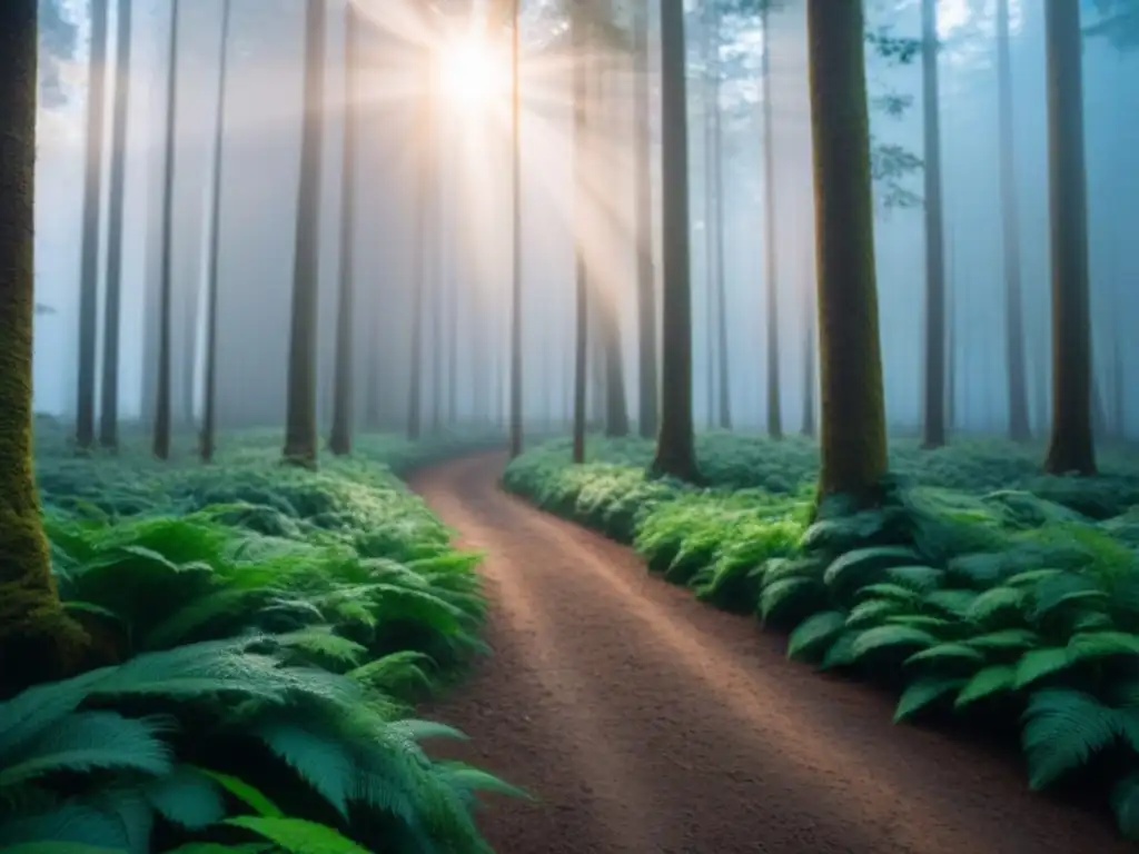 Imagen serena de un bosque exuberante con luz solar filtrándose, destacando los beneficios del lyocell en moda sostenible