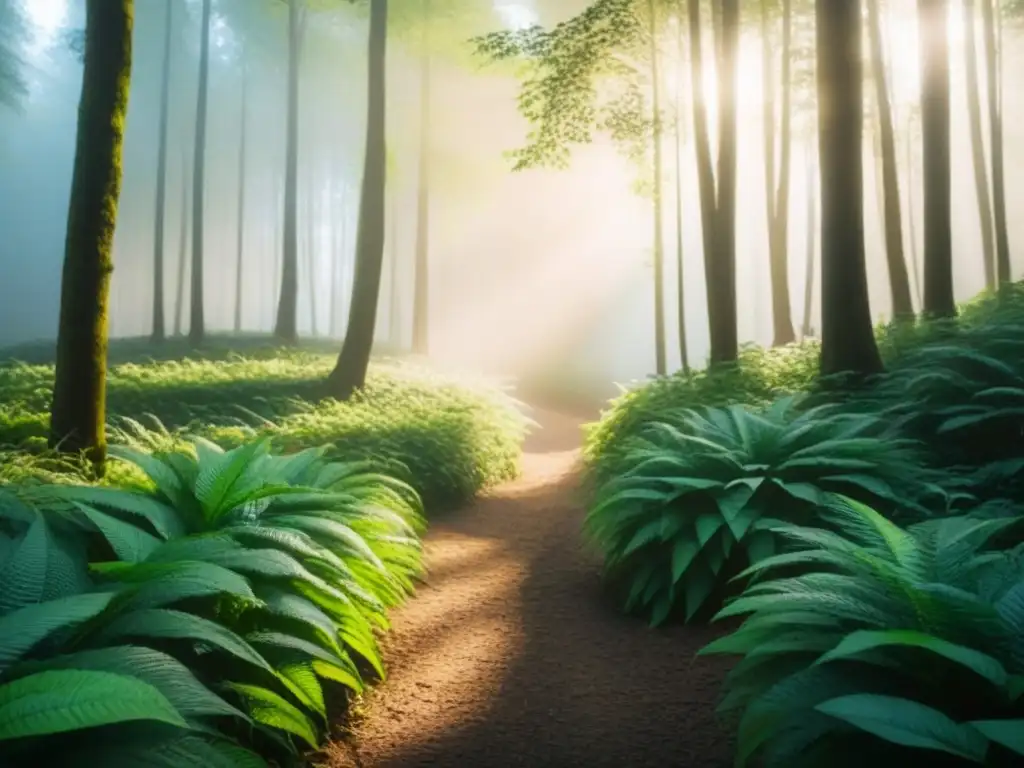 Imagen serena de un bosque exuberante con un arroyo, árboles altos y vegetación vibrante