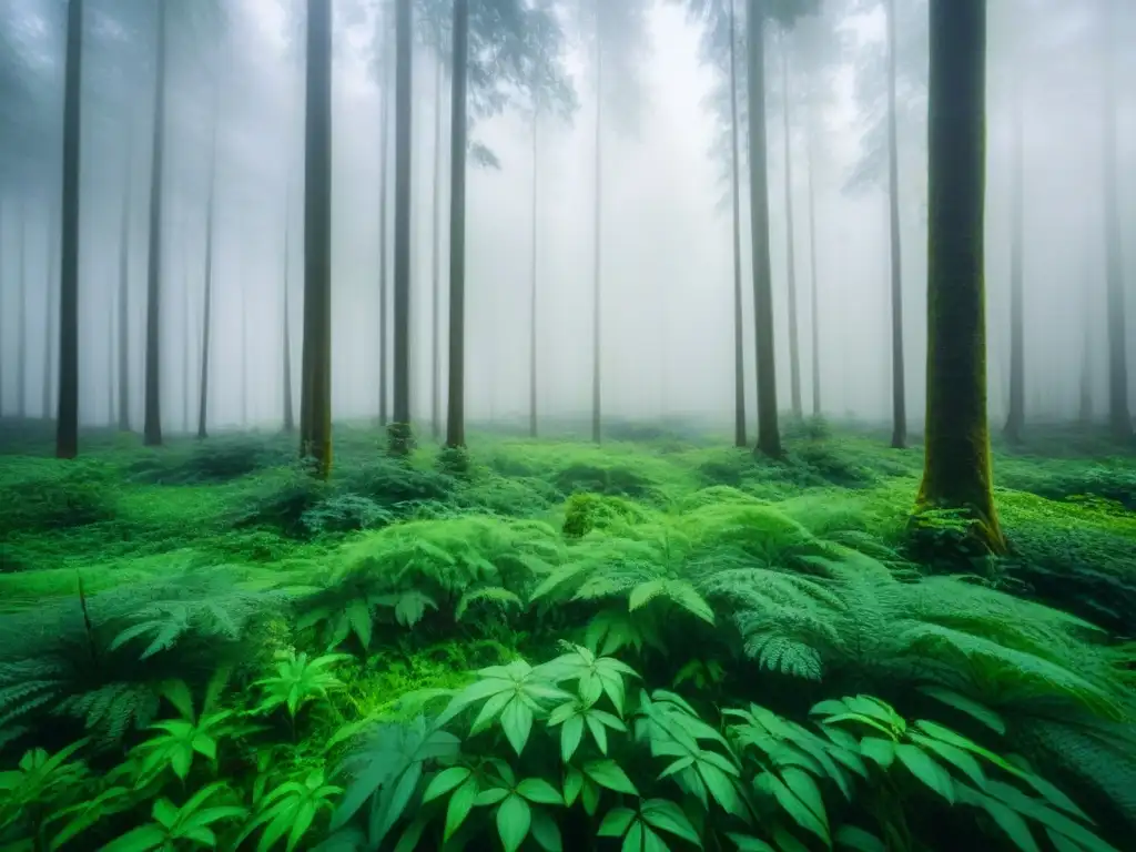 Imagen serena de un bosque verde exuberante con árboles, plantas y vida silvestre, transmitiendo armonía y compromiso ambiental