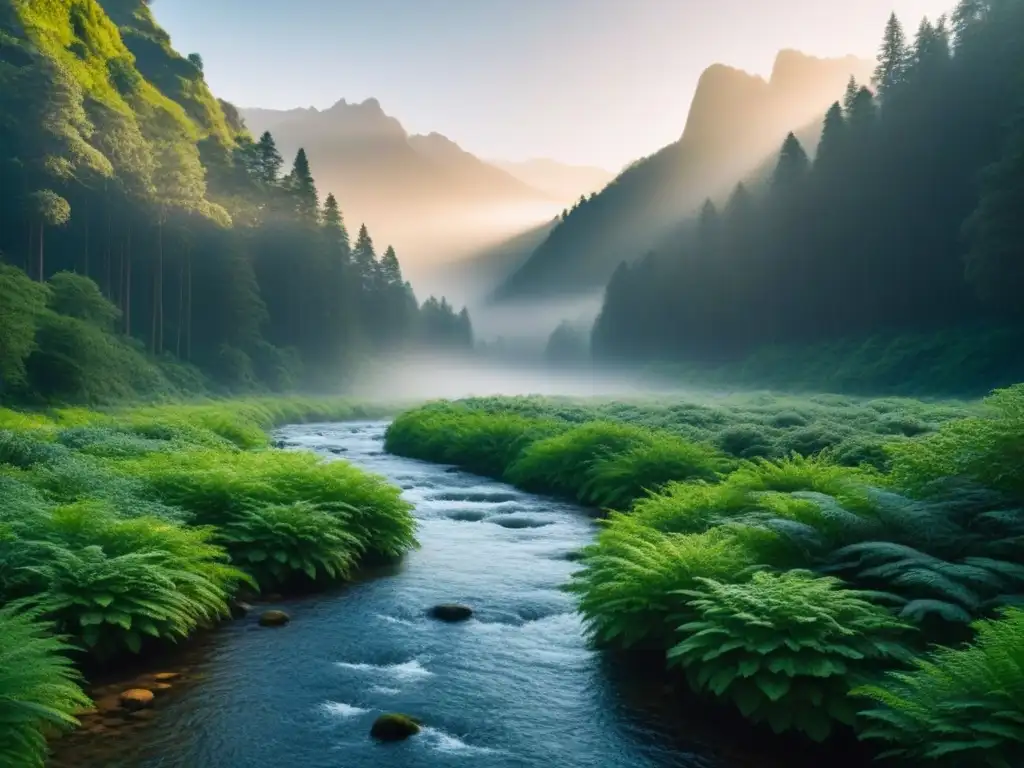 Imagen serena de un bosque verde exuberante con un arroyo tranquilo, rodeado de altas montañas