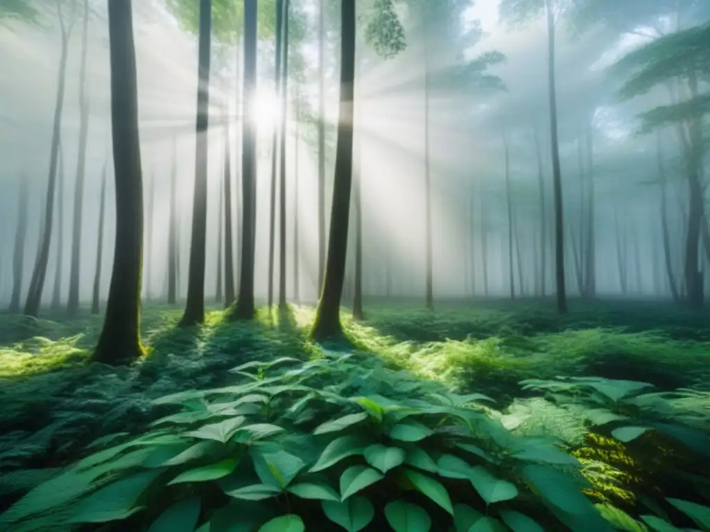 Imagen serena de un bosque verde con luz solar entre las hojas, creando sombras en el suelo