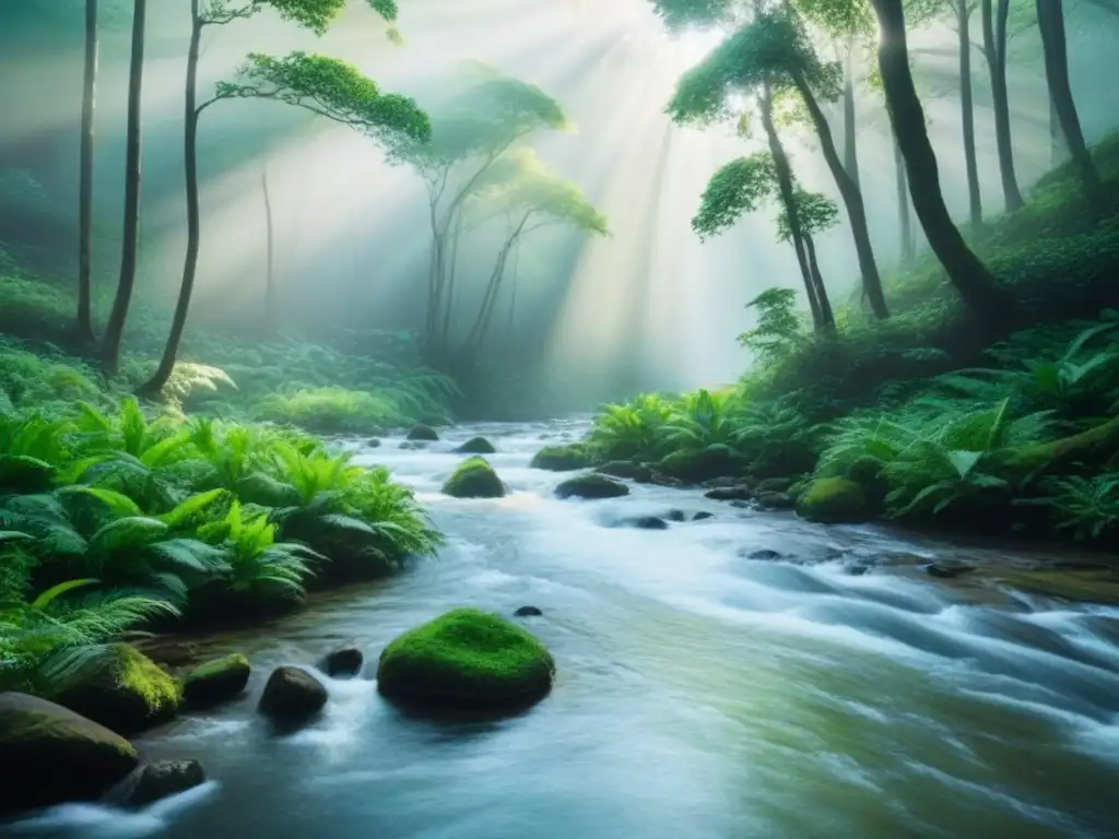 Imagen serena de un bosque verde con luz solar filtrándose, iluminando un arroyo tranquilo