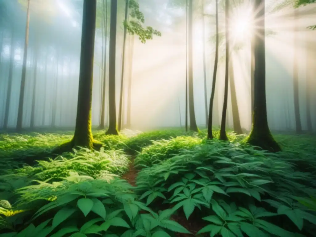 Imagen serena de un exuberante bosque verde con luz solar filtrándose entre las hojas, creando sombras moteadas en el suelo