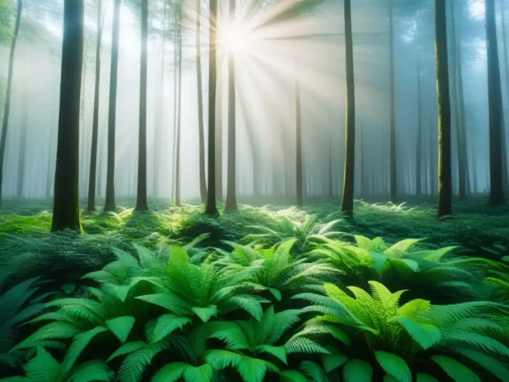 Imagen serena de un frondoso bosque verde con luz solar filtrándose entre el dosel, resaltando la belleza natural y la importancia de estrategias de cambio climático y sostenibilidad