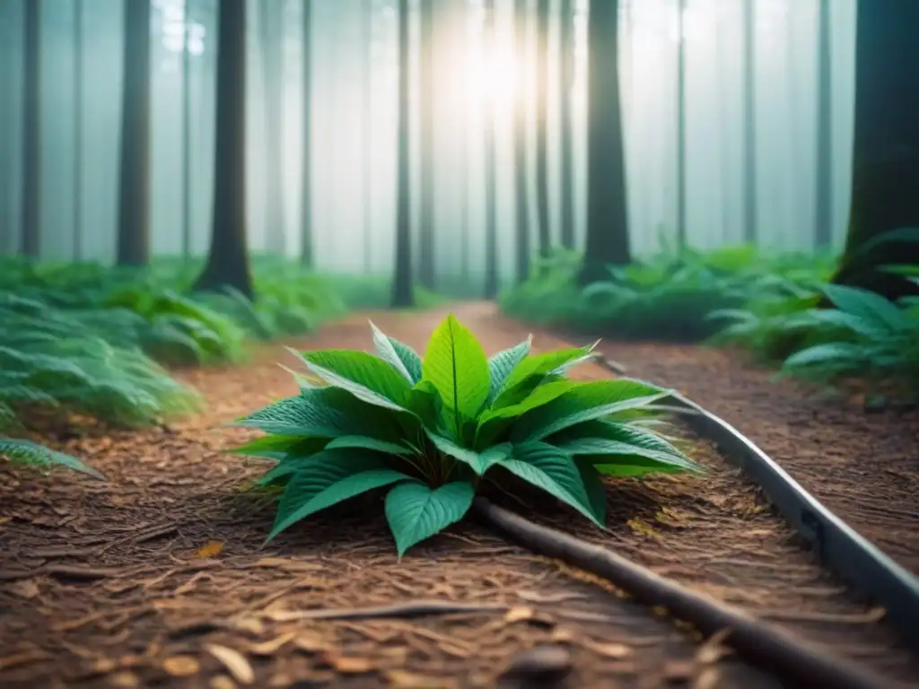 Imagen serena de un frondoso bosque verde, con luz solar filtrándose entre las hojas, creando sombras suaves en el suelo