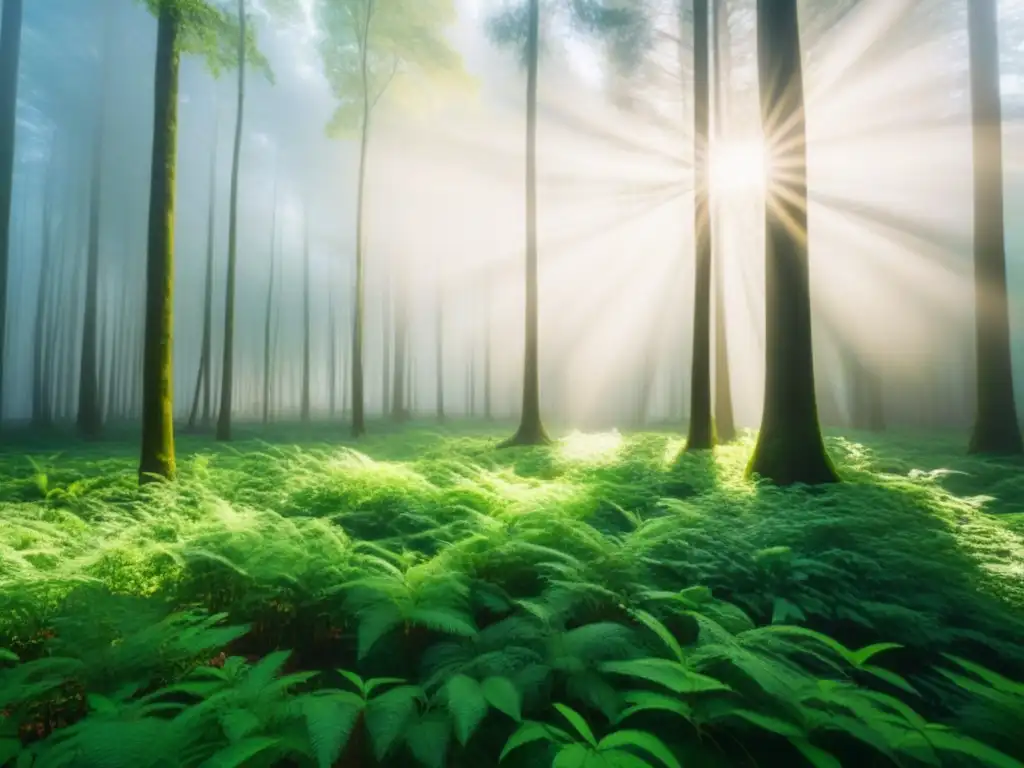 Imagen serena de un frondoso bosque verde con luz solar filtrándose entre los árboles, proyectando suaves sombras en el suelo